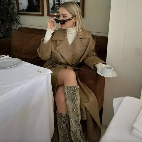 BLOGGER'S FAVE! Zara Faux Leather Trench Coat Tan Brown NWT - Picture 6 of 13